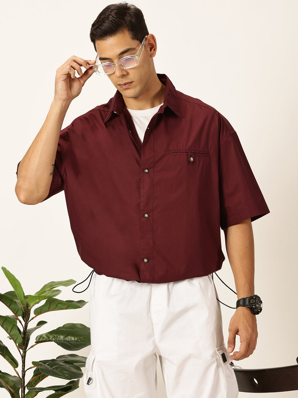 Thomas Scott Men Wine Oversized Short Sleeves Spread Collar Solid 100% Cotton Casual Shirt