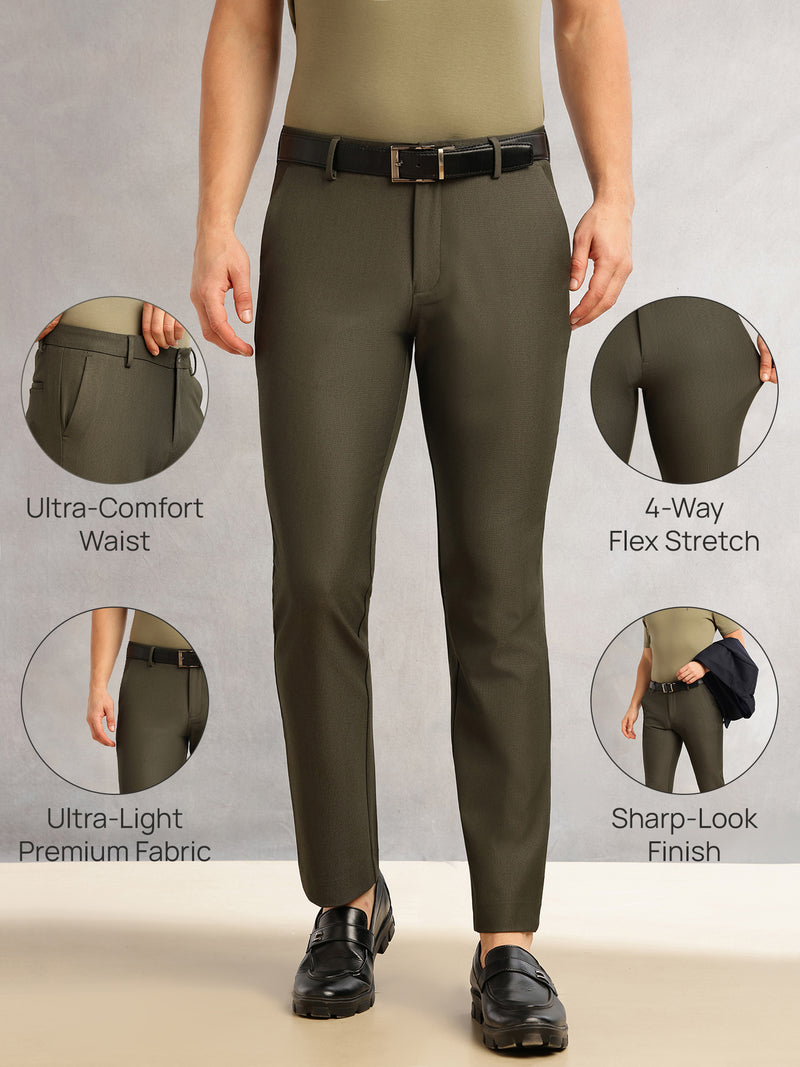Thomas Scott Men Olive Slim Fit Mid-Rise Solid Woven Formal Trousers with Fixed Belt & 4-Way Stretch