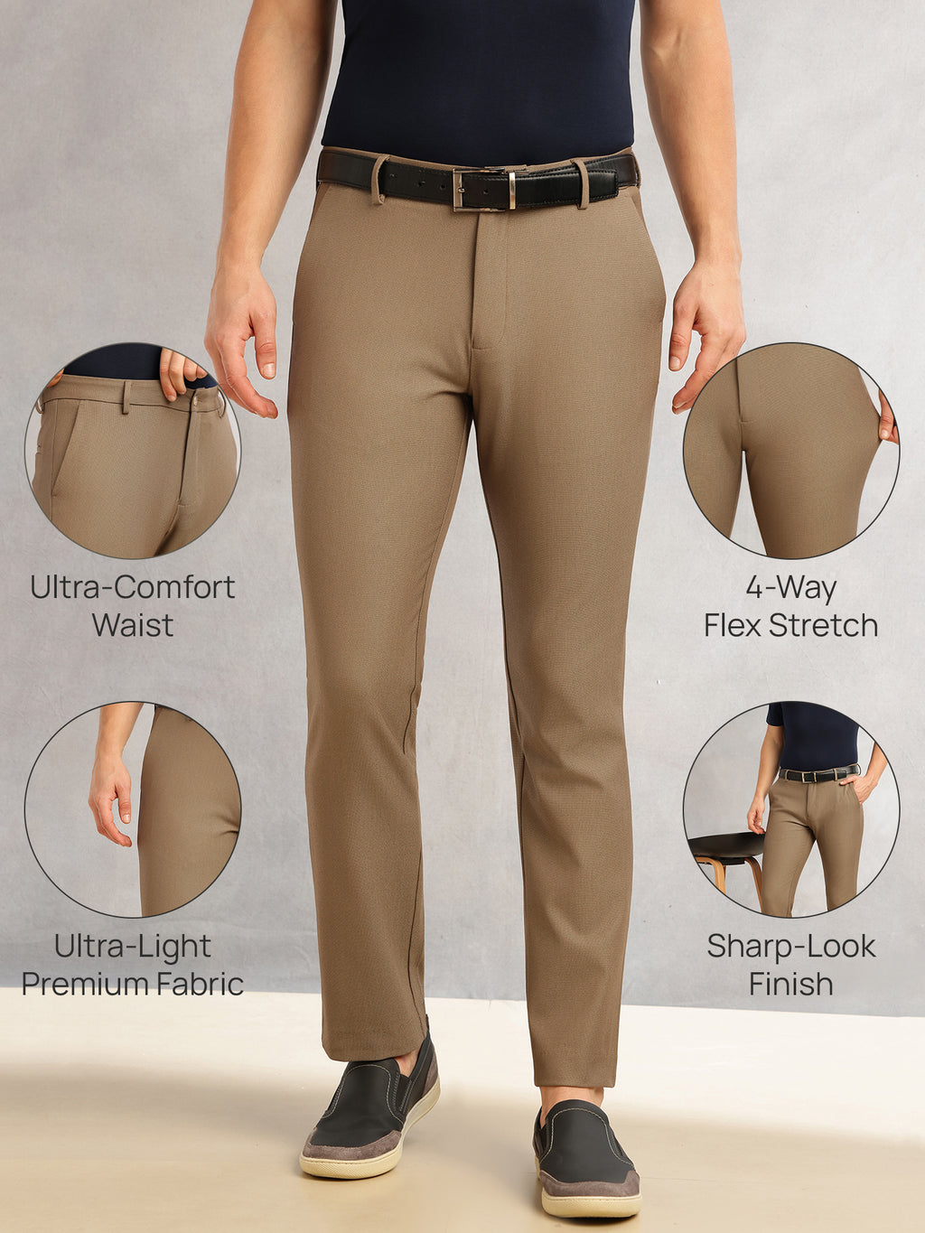 Thomas Scott Men Brown Slim Fit Mid-Rise Solid Woven Formal Trousers with Fixed Belt & 4-Way Stretch