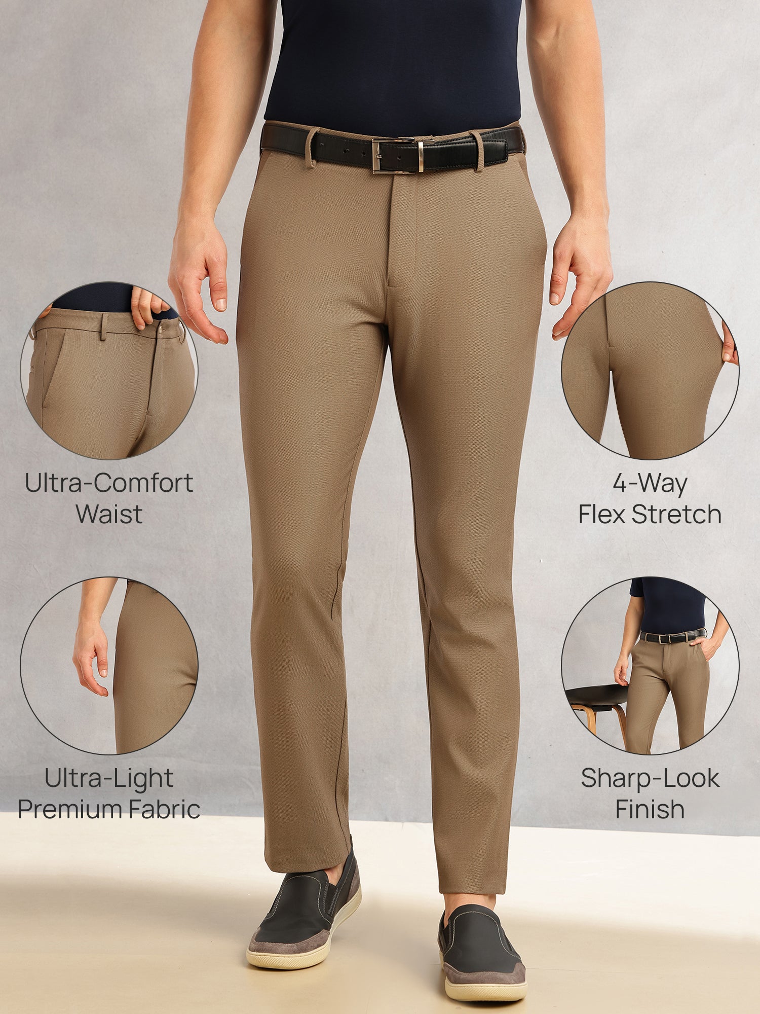 Thomas Scott Men Brown Slim Fit Mid-Rise Solid Woven Formal Trousers with Fixed Belt & 4-Way Stretch