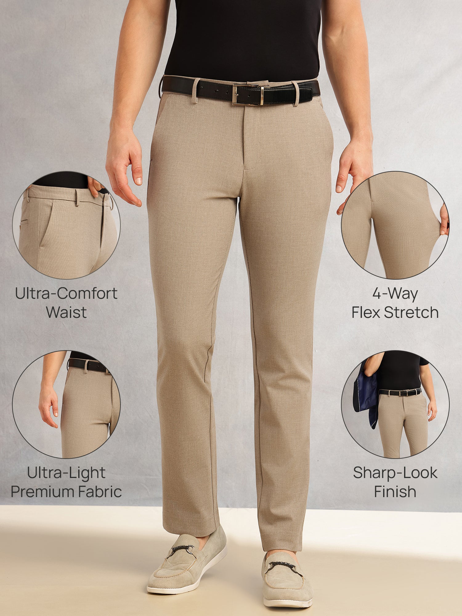 Thomas Scott Men Light Brown Slim Fit Mid-Rise Solid Woven Formal Trousers with Fixed Belt & 4-Way Stretch