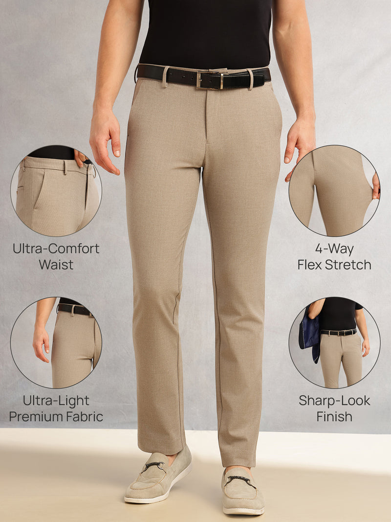 Thomas Scott Men Light Brown Slim Fit Mid-Rise Solid Woven Formal Trousers with Fixed Belt & 4-Way Stretch