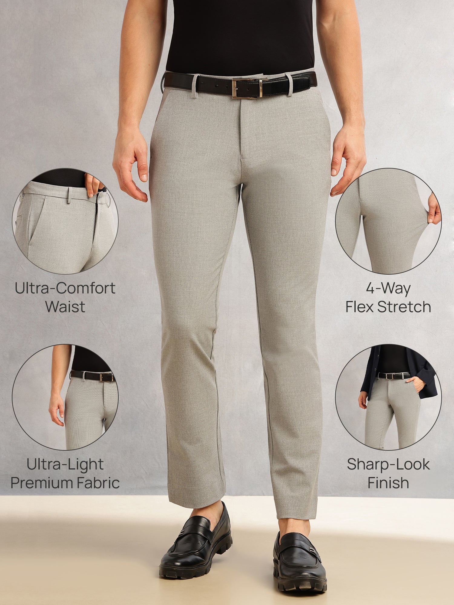 Thomas Scott Men Light Grey Slim Fit Mid-Rise Solid Woven Formal Trousers with Fixed Belt & 4-Way Stretch