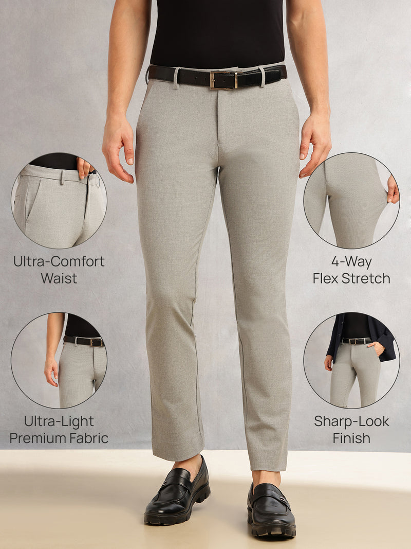 Thomas Scott Men Light Grey Slim Fit Mid-Rise Solid Woven Formal Trousers with Fixed Belt & 4-Way Stretch