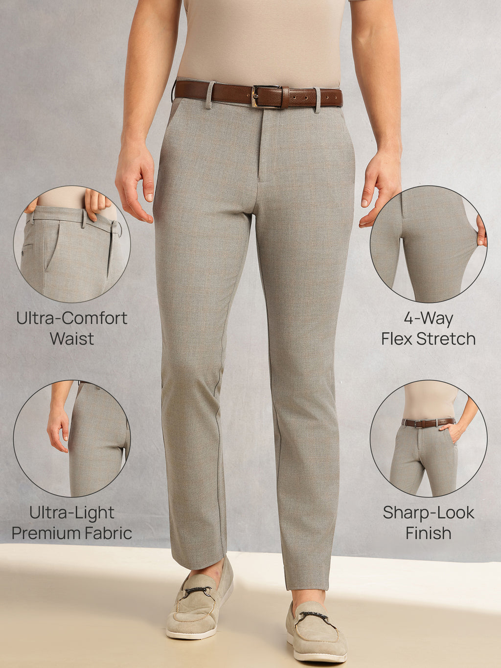 Thomas Scott Men Dark Grey Slim Fit Mid-Rise Solid Woven Formal Trousers with Fixed Belt & 4-Way Stretch