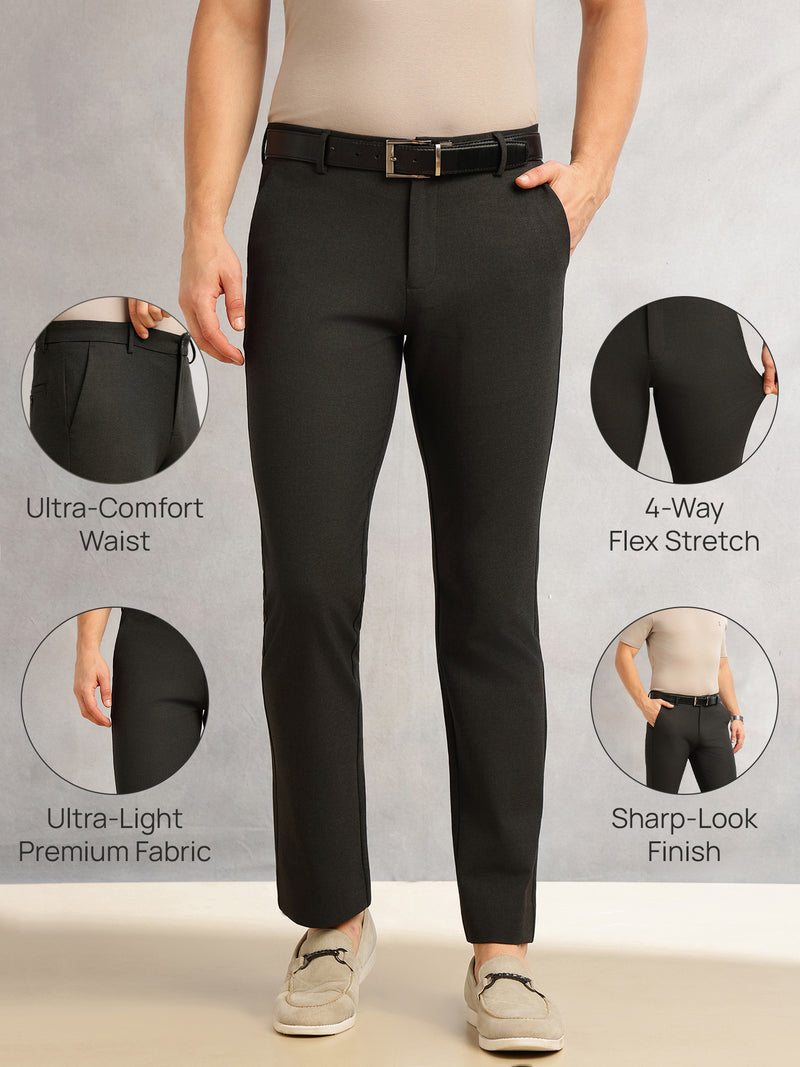 Thomas Scott Men Black Slim Fit Mid-Rise Solid Woven Formal Trousers with Fixed Belt & 4-Way Stretch
