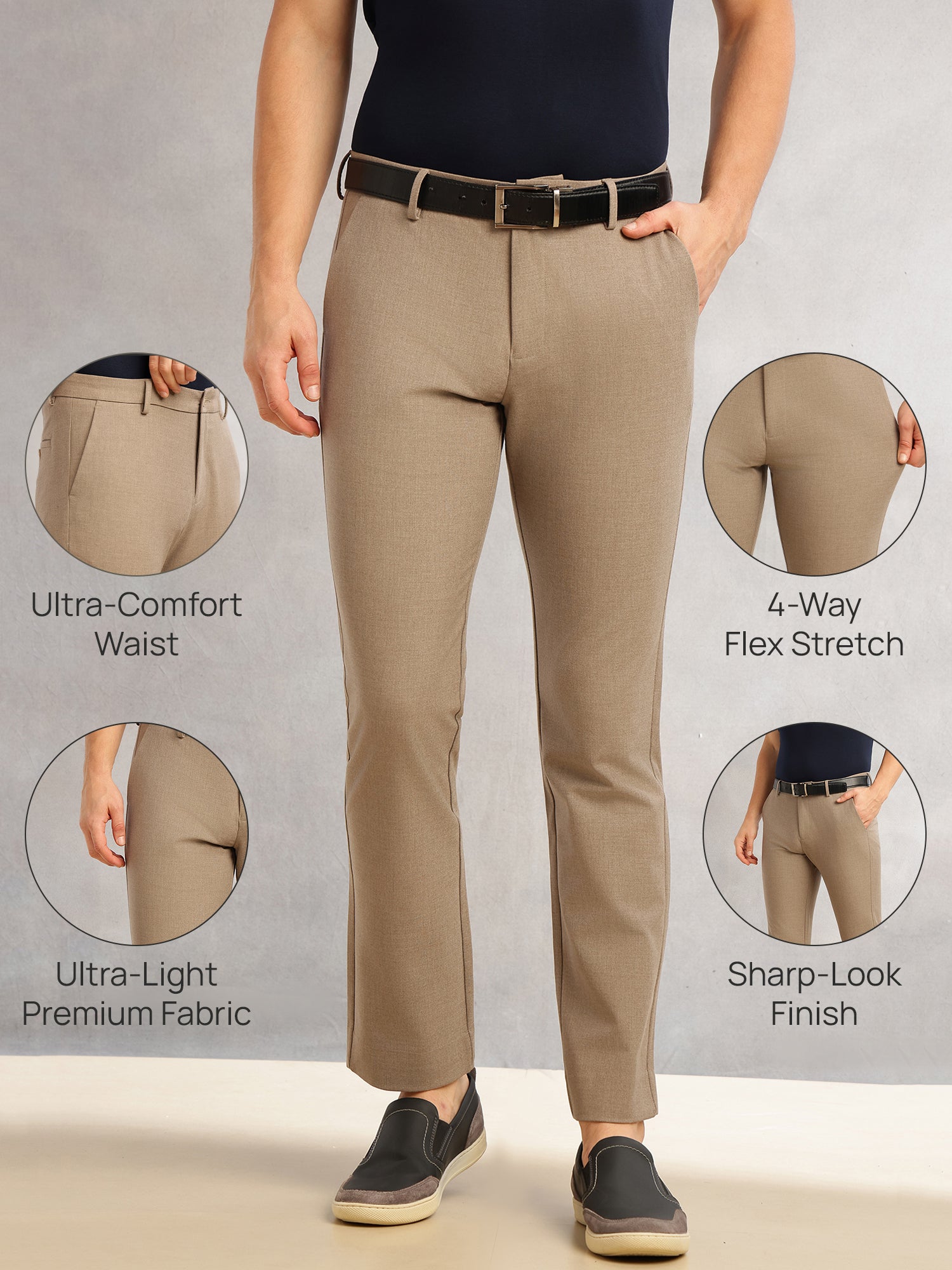 Thomas Scott Men Khaki Slim Fit Mid-Rise Solid Woven Formal Trousers with Fixed Belt & 4-Way Stretch
