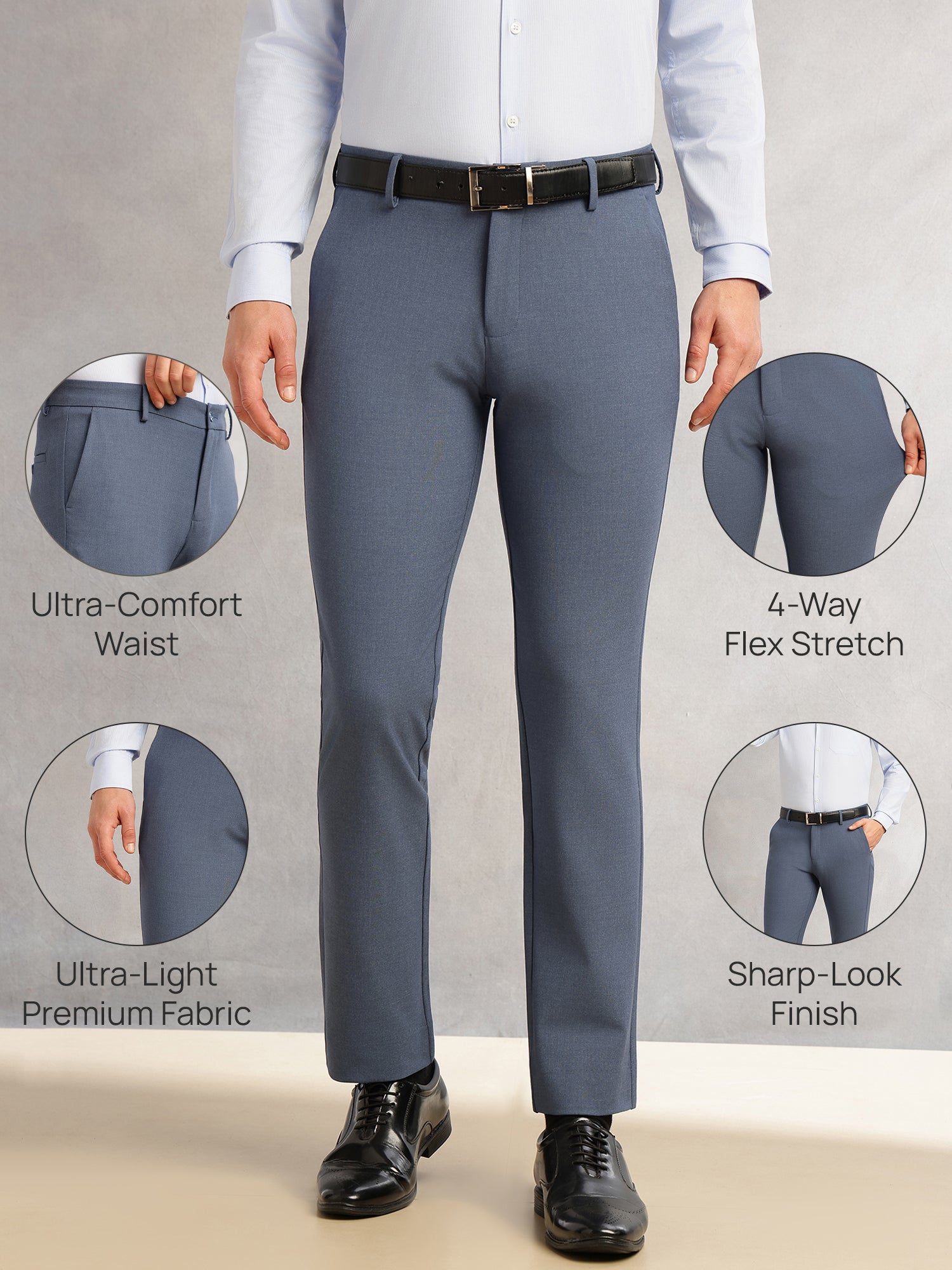 Thomas Scott Men Blue Slim Fit Mid-Rise Solid Woven Formal Trousers with Fixed Belt & 4-Way Stretch