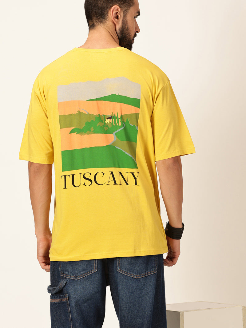 Thomas Scott Men Yellow Oversized Short Sleeves Round Neck Graphic Printed 100% Cotton Knitted T-shirt