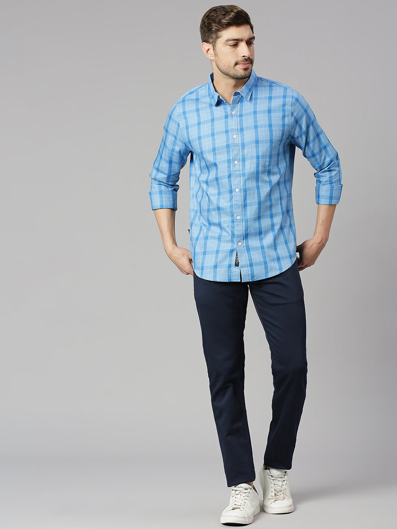 Thomas Scott Men Royal Blue Cricket Club Collection Slim Fit Long Sleeves Spread Collar Grid Tattersall Checks 100% Cotton Casual Shirt