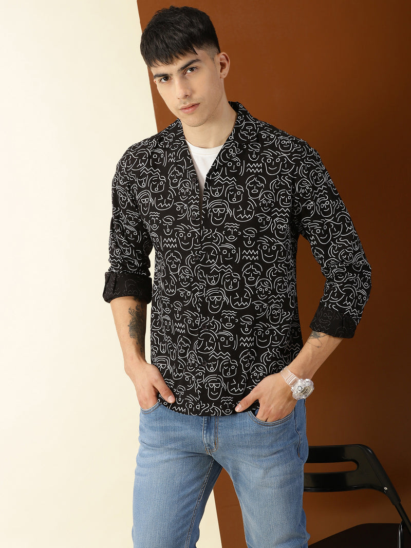 Thomas Scott Men Black Regular Fit 100% Cotton Conversational Printed Casual Shirt with Long Sleeves & Cuban Collar