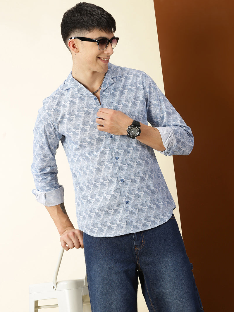 Thomas Scott Men Blue Regular Fit 100% Cotton Graphic Printed Casual Shirt with Long Sleeves & Cuban Collar