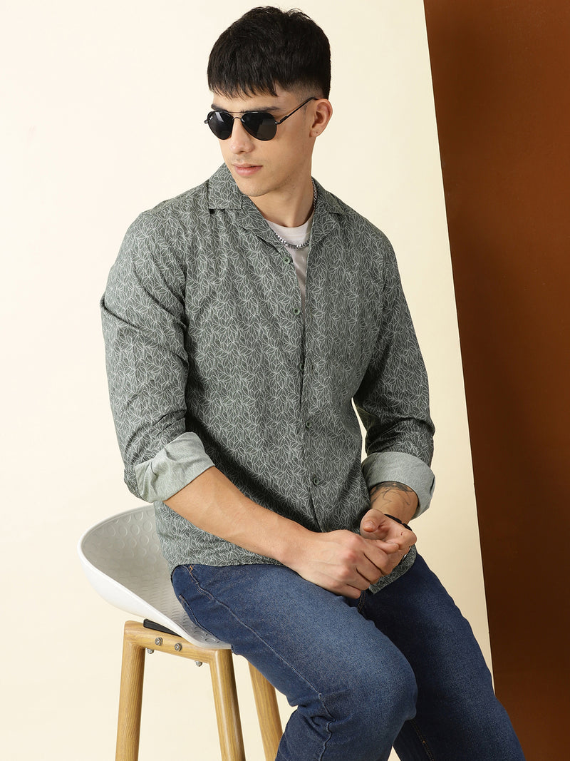 Thomas Scott Men Green Regular Fit 100% Cotton Floral Printed Casual Shirt with Long Sleeves & Cuban Collar