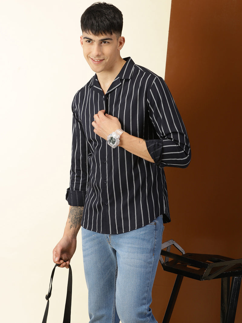 Thomas Scott Men Navy Regular Fit 100% Cotton Vertical Stripes Casual Shirt with Long Sleeves & Cuban Collar