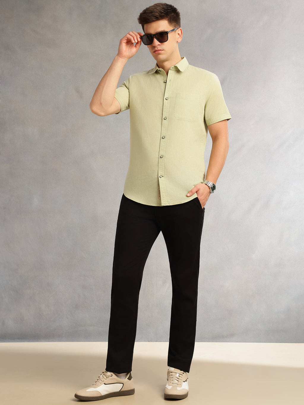 Thomas Scott Men Pista Short Sleeves Regular Fit Spread Collar Solid Cotton Linen Casual Shirt
