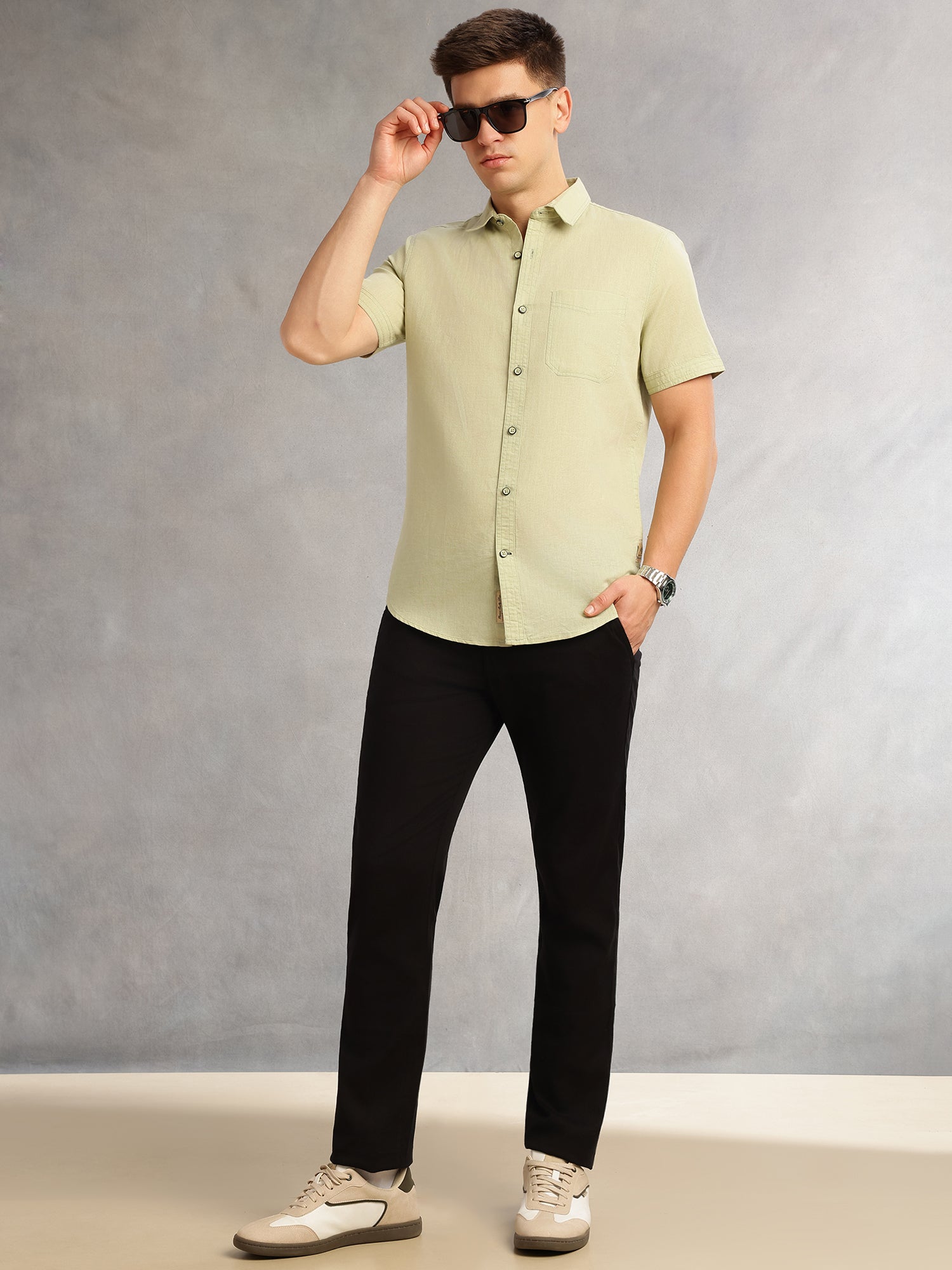 Thomas Scott Men Pista Short Sleeves Regular Fit Spread Collar Solid Cotton Linen Casual Shirt