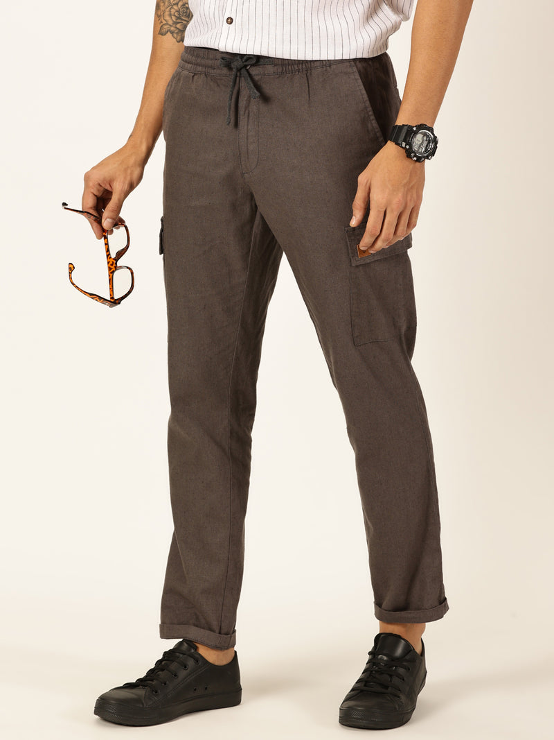 Thomas Scott Men Grey Straight Fit Mid-Rise Cotton Linen Solid Woven Cargo Trouser