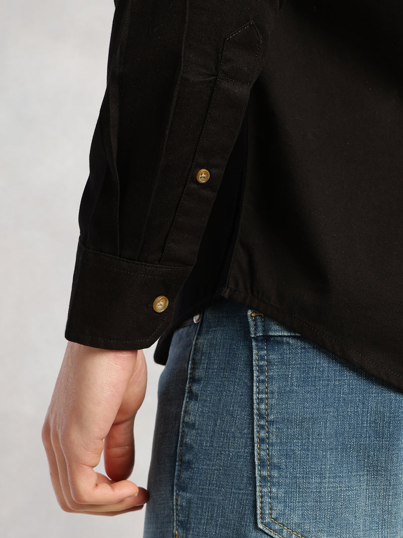 Thomas Scott Men Black Cricket Club Collection Long Sleeves Slim Fit Spread Collar 100% Cotton Twill Casual Shirt
