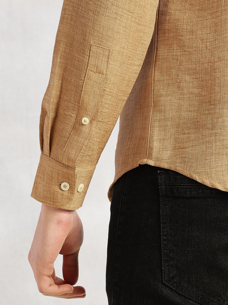 Thomas Scott Men Gold Slim Fit Long Sleeves Button-Down Collar Polyester Casual Shirt