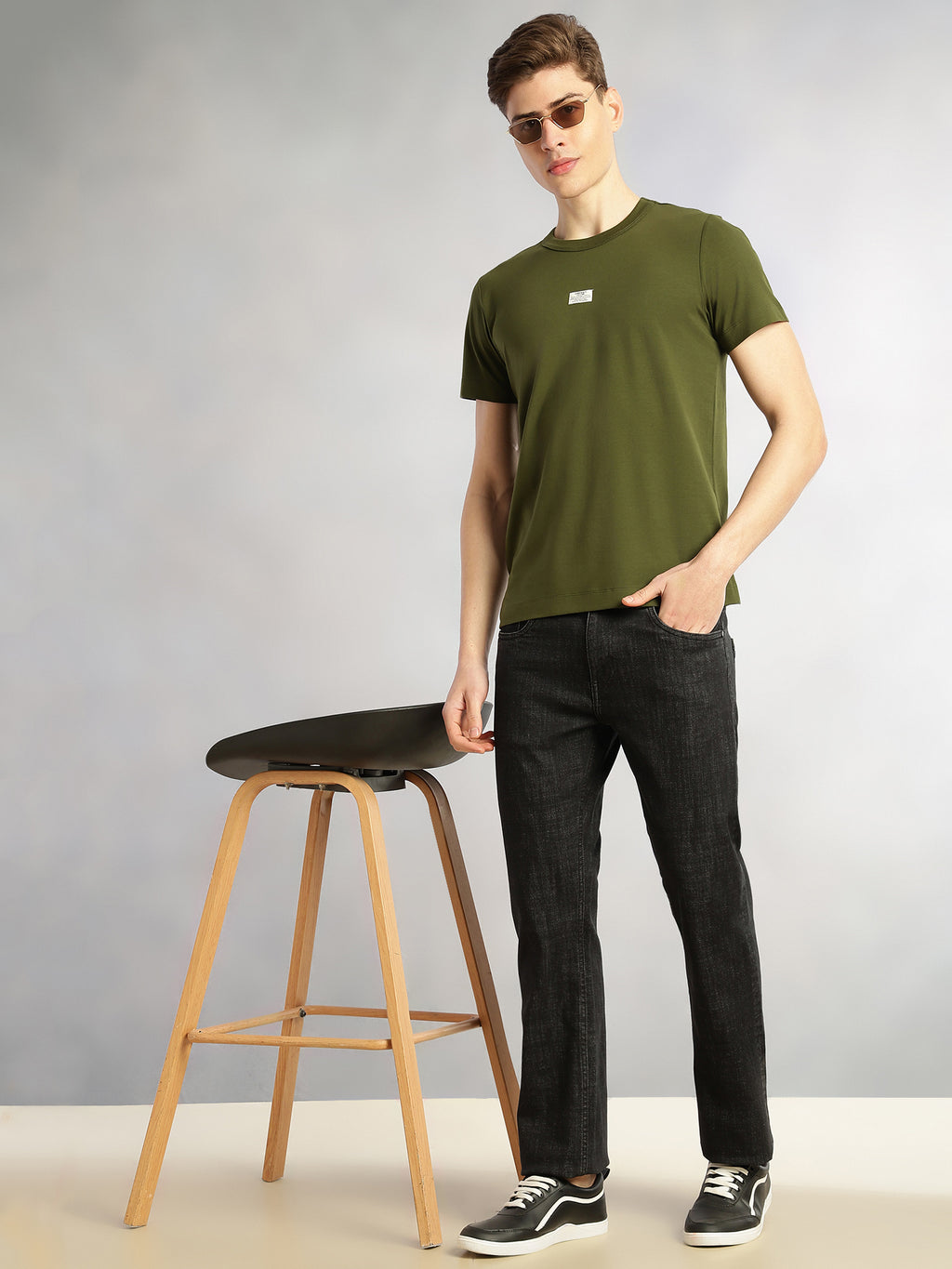Thomas Scott Men Olive Cricket Club Collection Regular Fit Short Sleeves Round Neck Solid Knitted T-Shirt