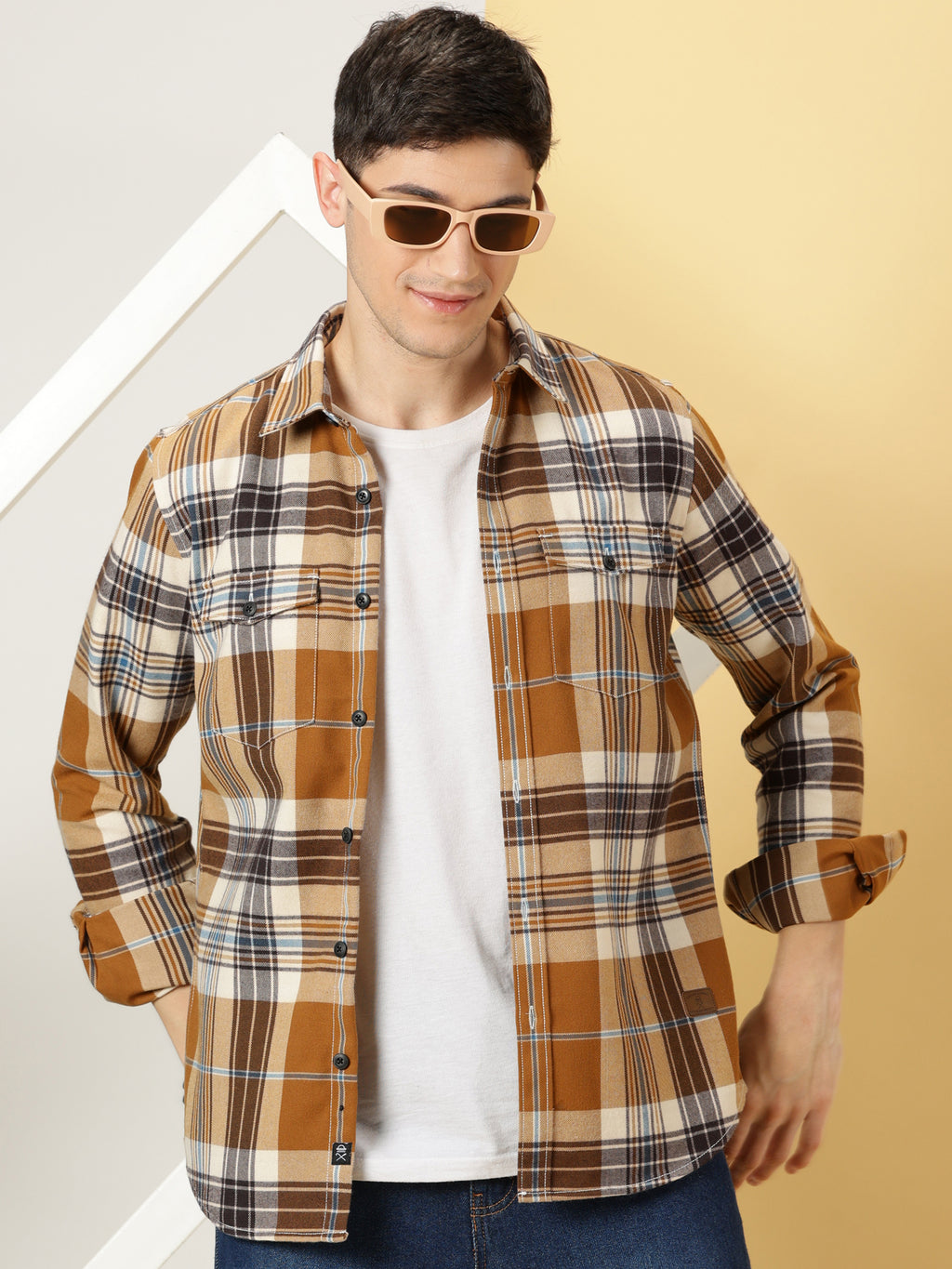 Thomas Scott Men Brown Regular Fit Long Sleeves Spread Collar Tartan Checks Double Pocket Knitted Casual Shirt