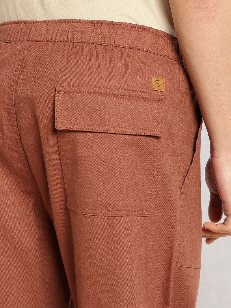 Thomas Scott Men Rust Regular Fit Mid-Rise Solid Woven Trousers with Drawstring Closure & Four Pockets
