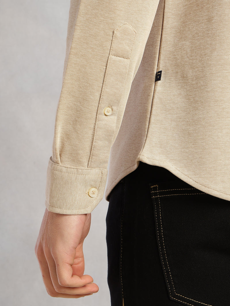 Thomas Scott Men Beige Slim Fit Long Sleeves Spread Collar Solid Knitted Shirt
