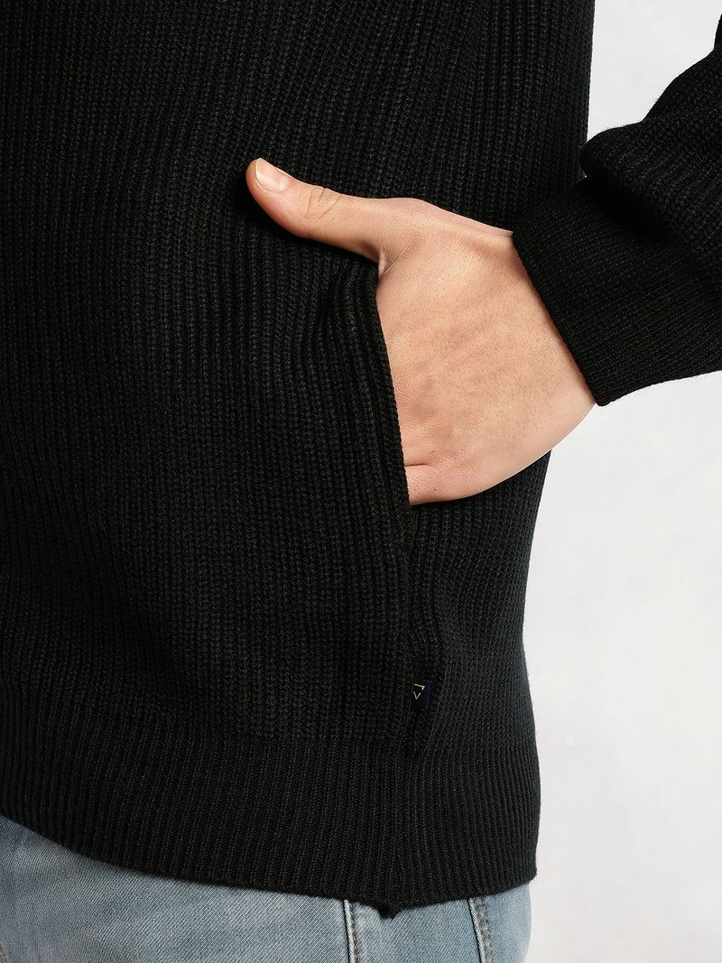 Thomas Scott Men Black Regular Fit Long Sleeves Zip Closure Mock Collar Acrylic Knitted Sweatshirt