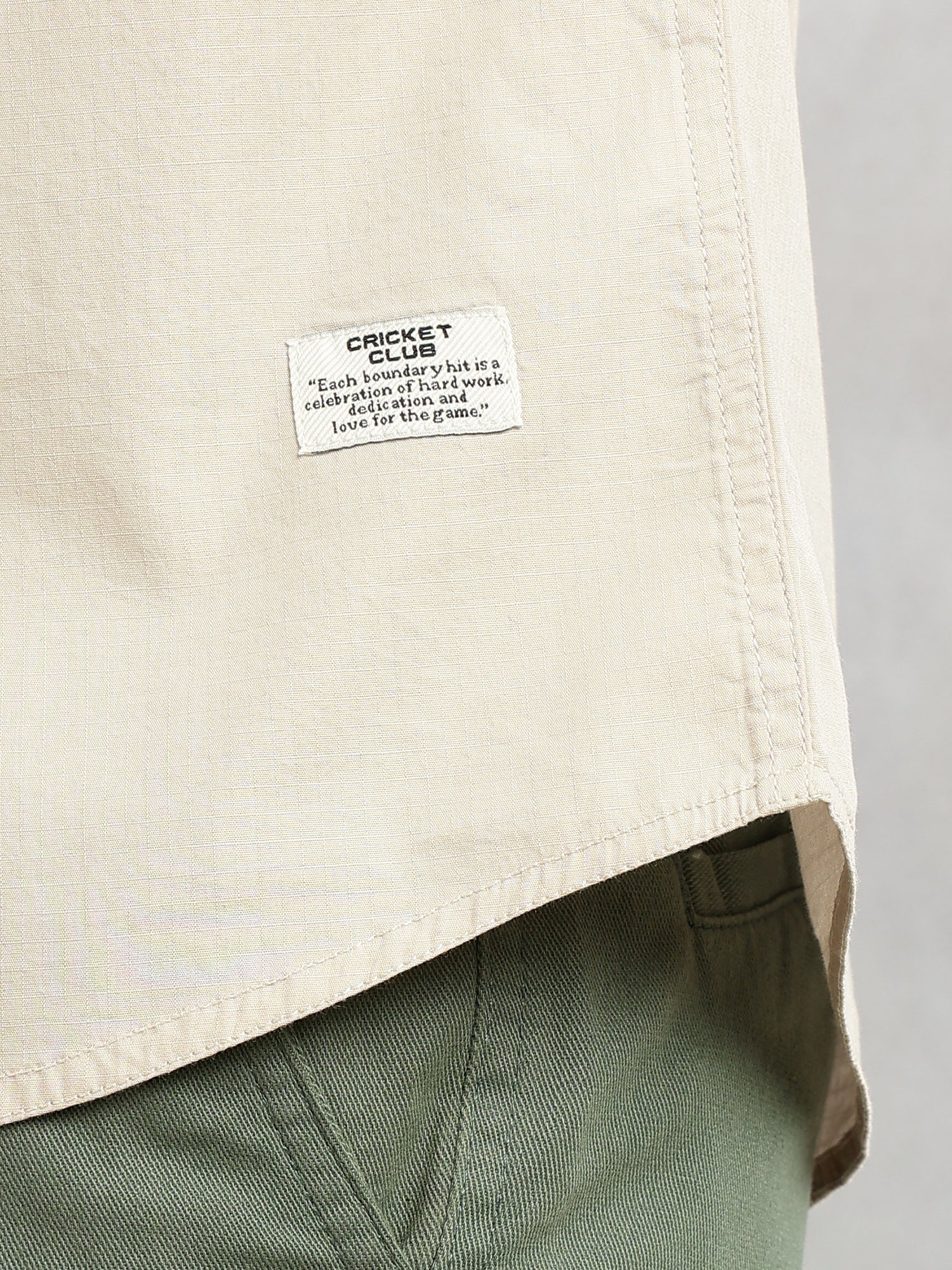 Thomas Scott Men Beige Cricket Club Collection Slim Fit Short Sleeve Spread Collar 2 Flap Pockets Solid Design Cotton Twill Casual Shirt