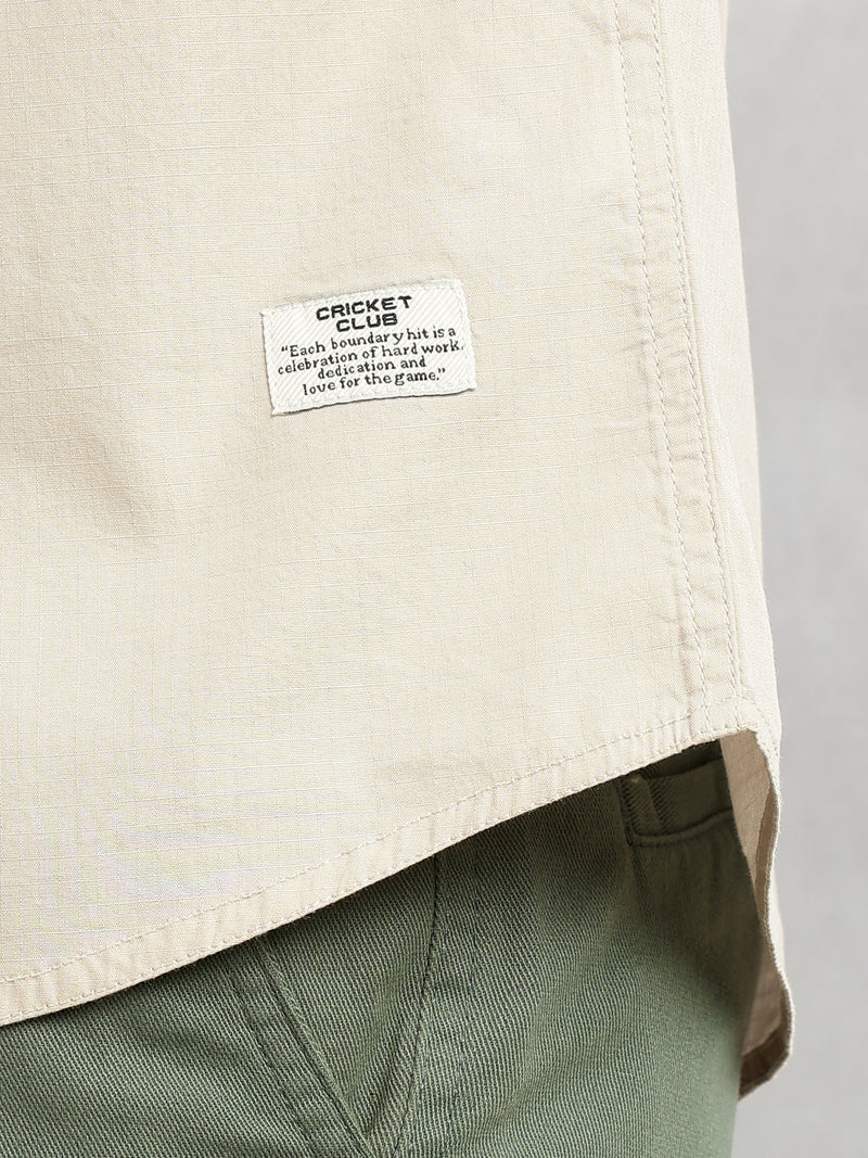 Thomas Scott Men Beige Cricket Club Collection Slim Fit Short Sleeve Spread Collar 2 Flap Pockets Solid Design Cotton Twill Casual Shirt