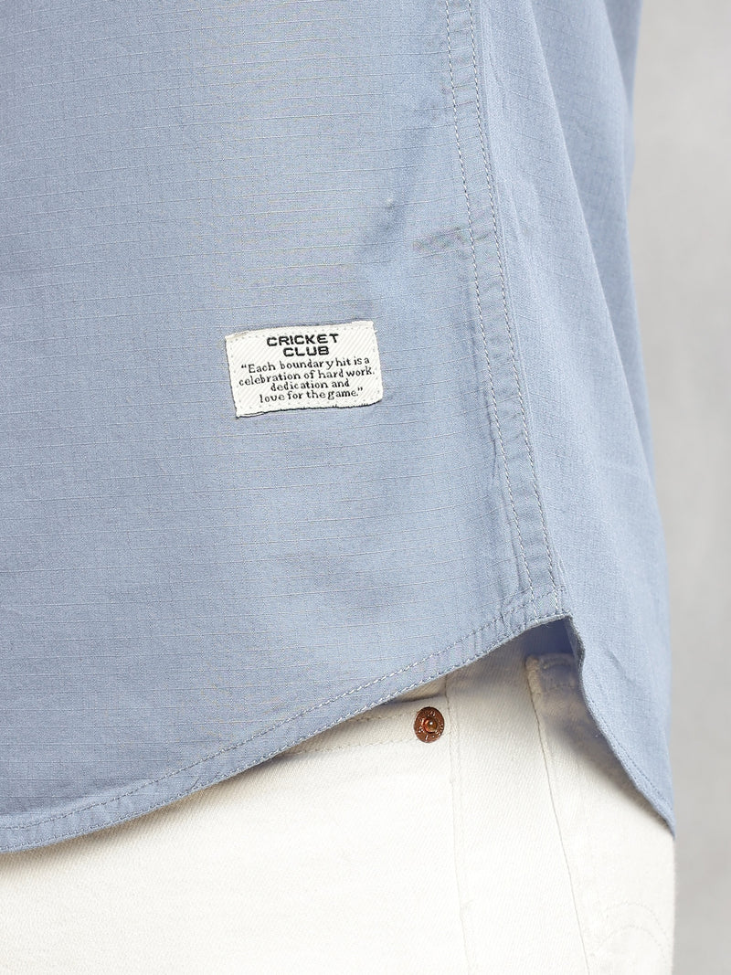Thomas Scott Men Blue Cricket Club Collection Slim Fit Short Sleeve Spread Collar 2 Flap Pockets Solid Design Cotton Twill Casual Shirt