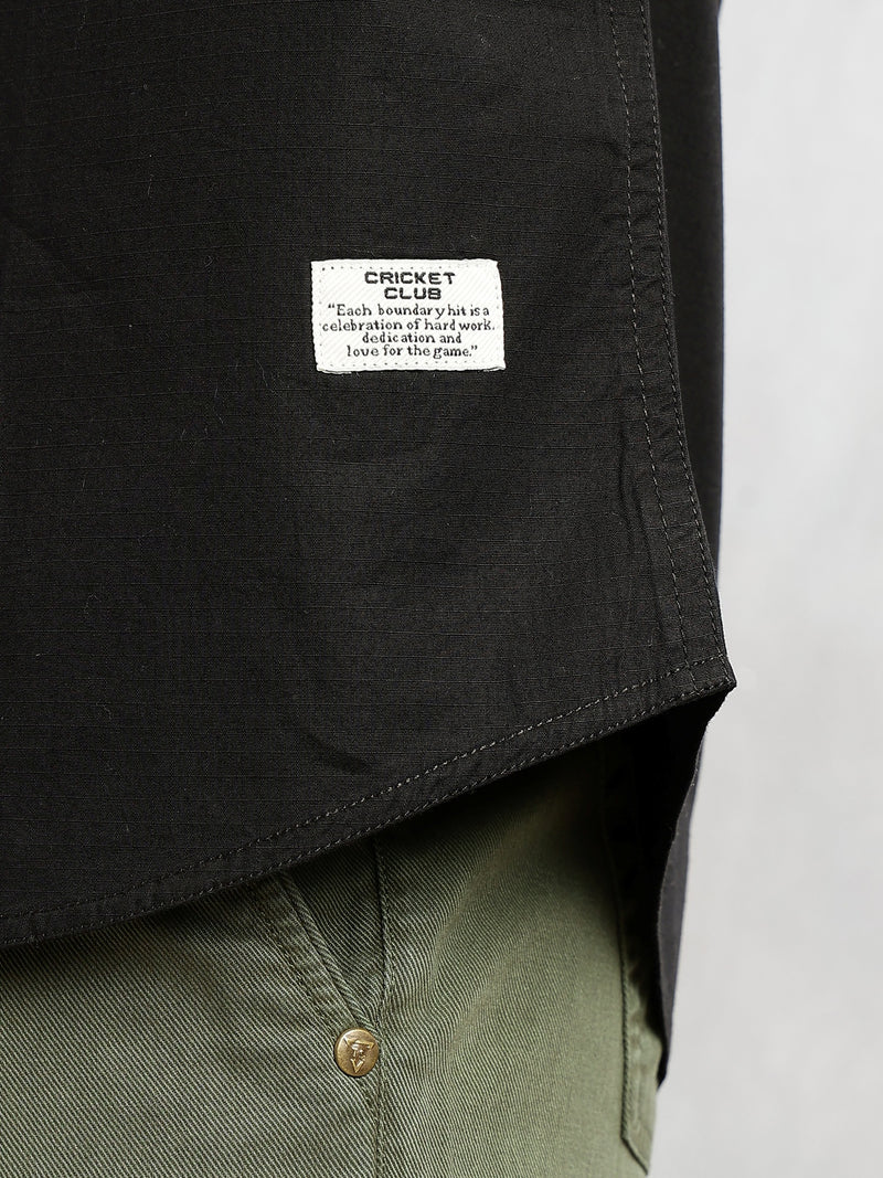 Thomas Scott Men Black Cricket Club Collection Slim Fit Short Sleeve Spread Collar 2 Flap Pockets Solid Design Cotton Twill Casual Shirt