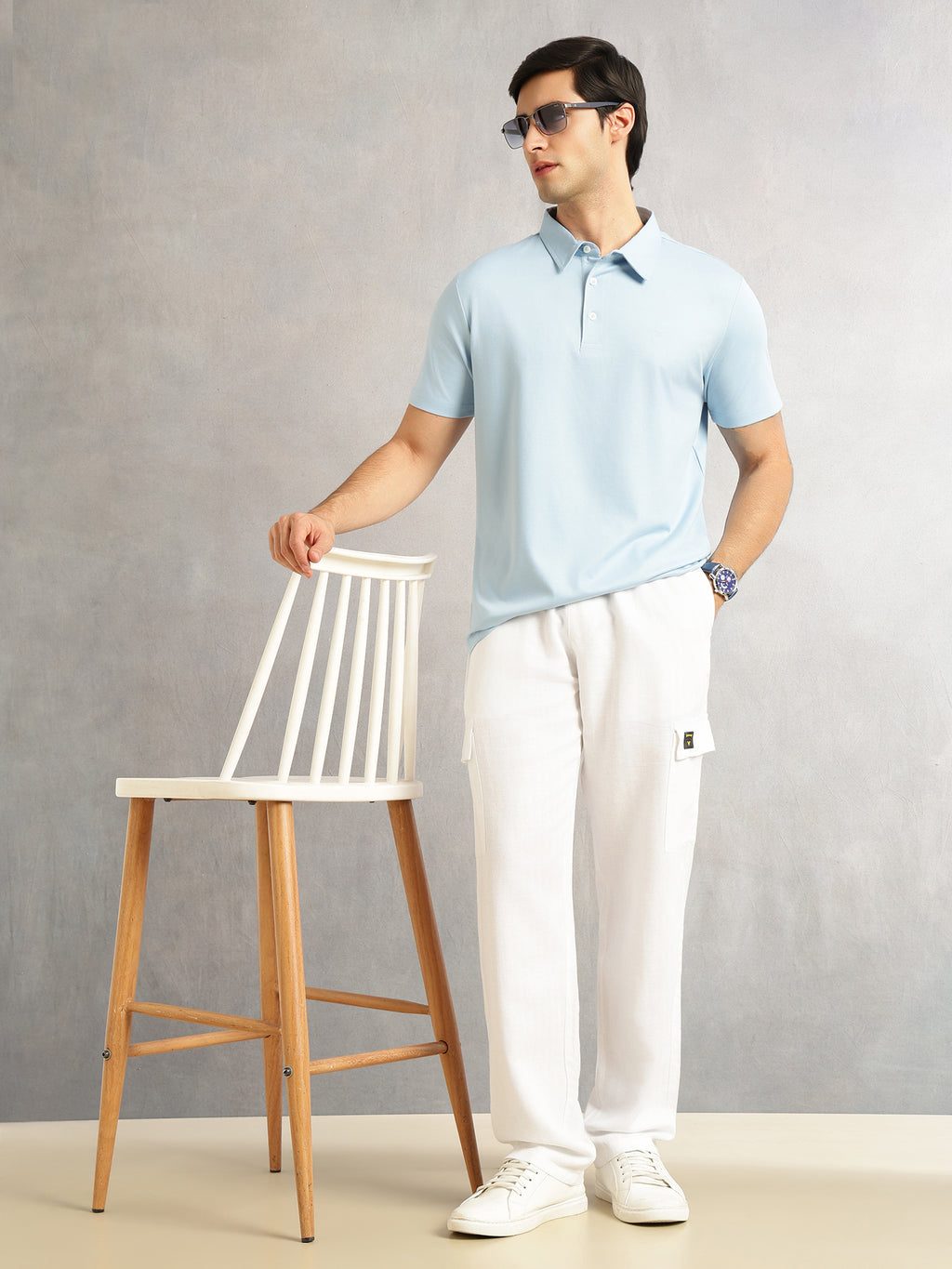 Thomas Scott Men Sky Blue Regular Fit Short Sleeves Viscose Rayon Solid Knitted Polo Collar Performance Tshirt