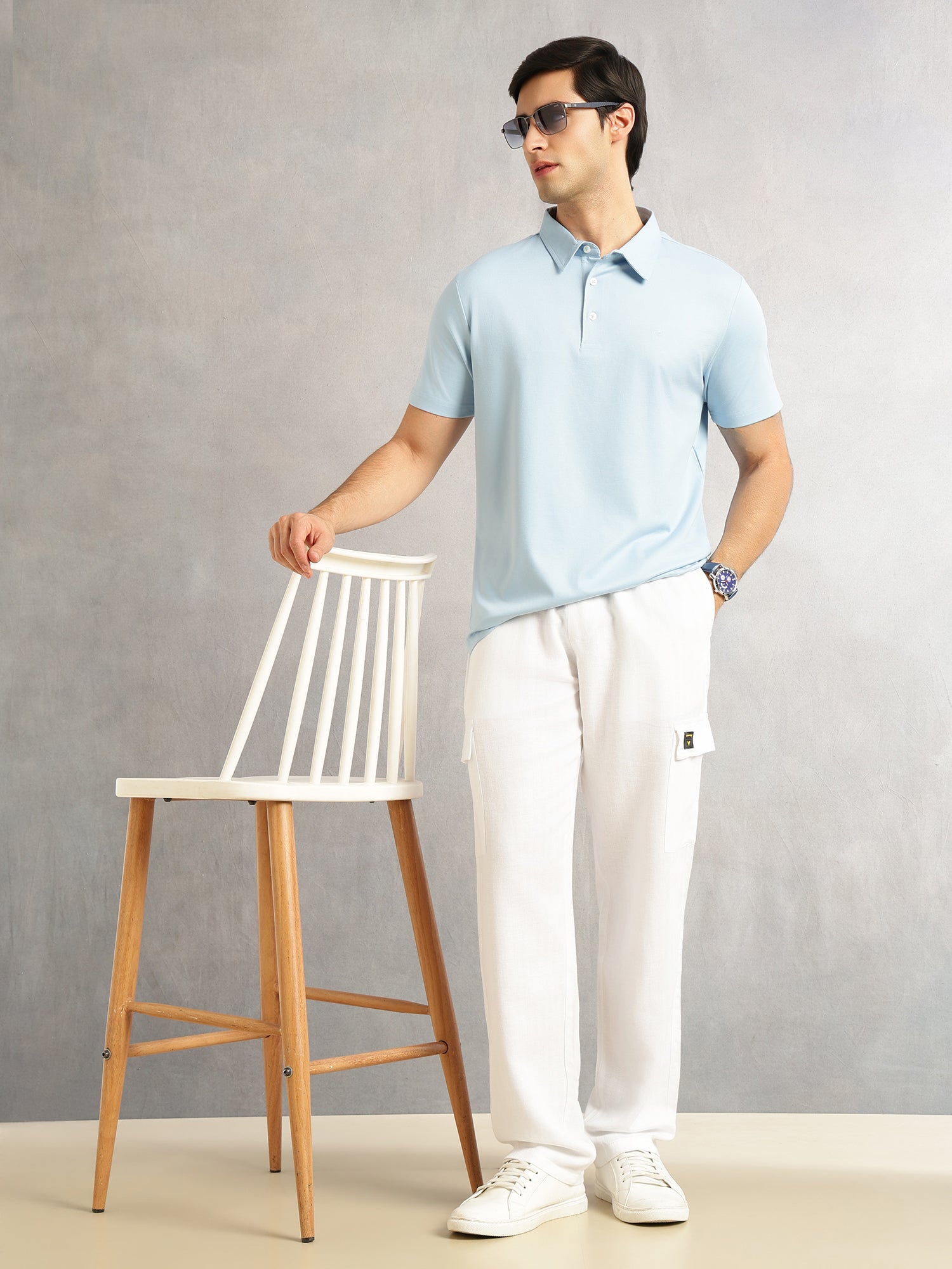 Thomas Scott Men Sky Blue Regular Fit Short Sleeves Viscose Rayon Solid Knitted Polo Collar Performance Tshirt