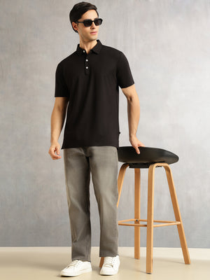 Thomas Scott Men Black Regular Fit Short Sleeves Solid Viscose Rayon Knitted Polo Collar Performance T-shirt