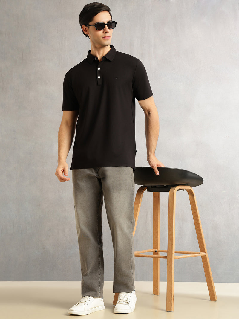 Thomas Scott Men Black Regular Fit Short Sleeves Solid Viscose Rayon Knitted Polo Collar Performance T-shirt