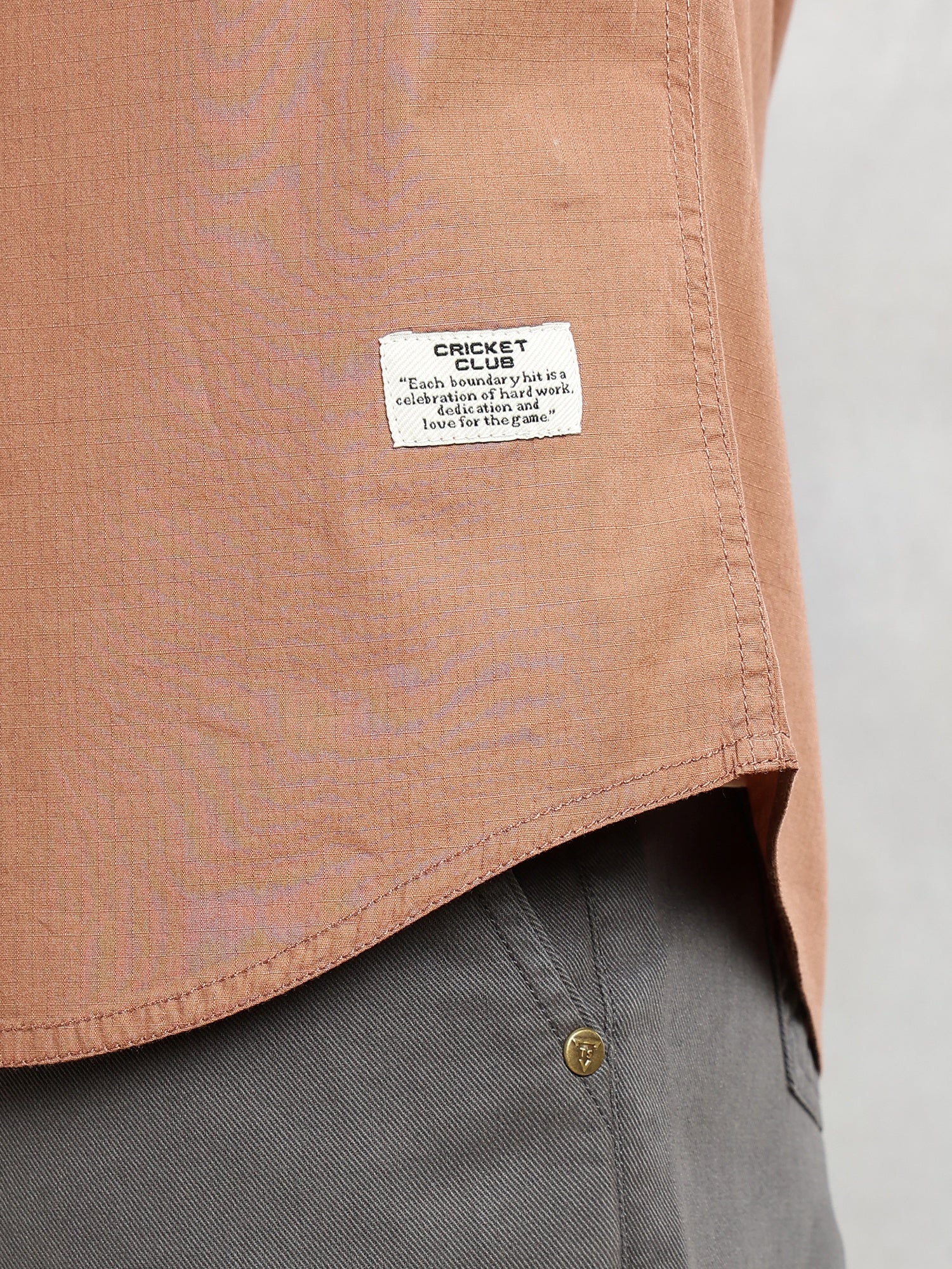 Thomas Scott Men Brown Cricket Club Collection Slim Fit Short Sleeve Spread Collar 2 Flap Pockets Solid Design Cotton Twill Casual Shirt