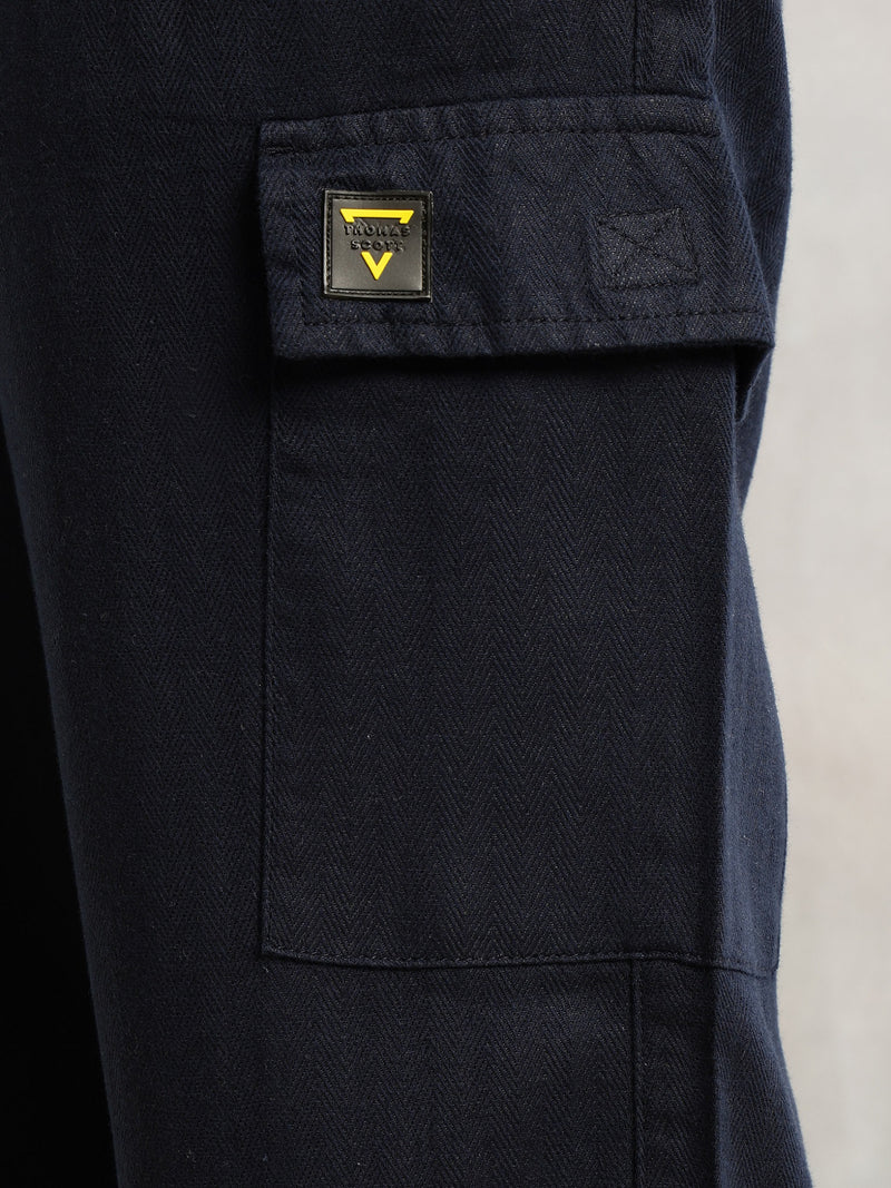 Thomas Scott Men Navy Regular Fit Mid-Rise Linen Cargo Trouser with Drawstring Closure , 5 Pocket Design