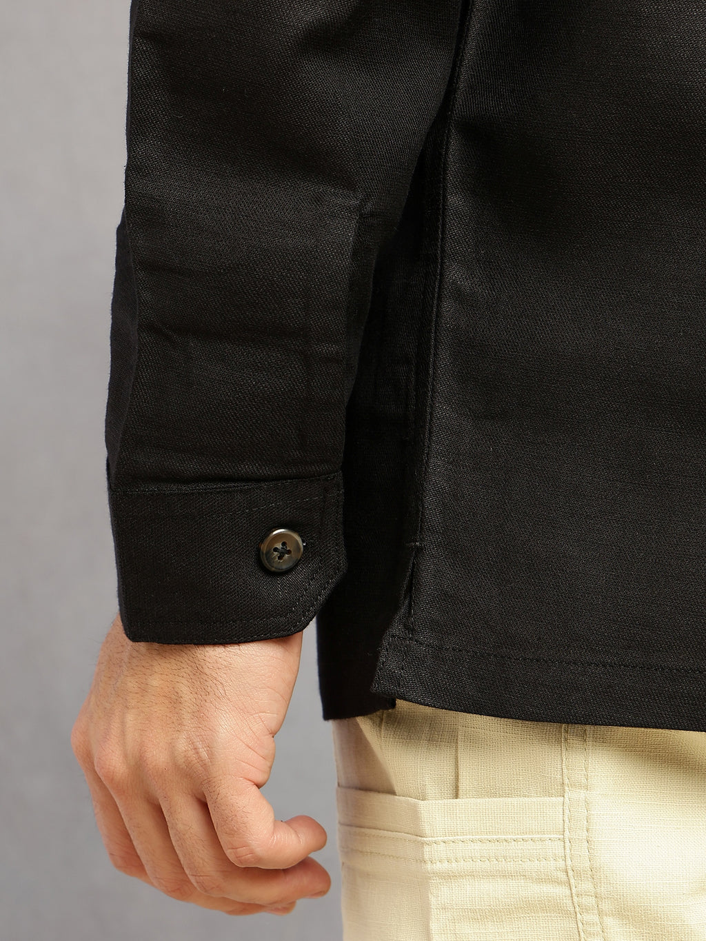 Thomas Scott Men Black Cricket Club Collection Oversized Fit Long Sleeves Camp Collar Cotton Linen Twill Shacket with 2 Flap Pockets