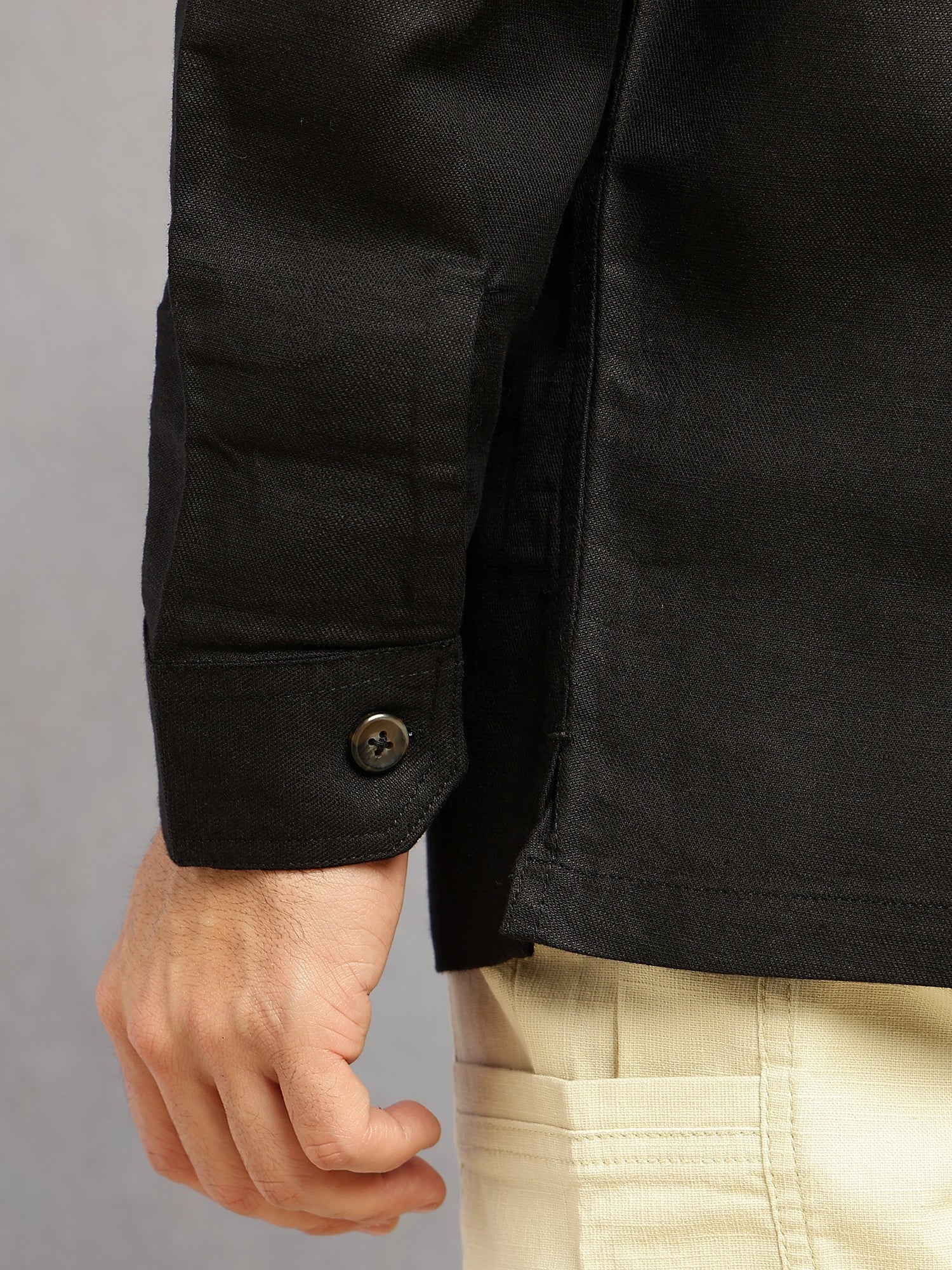 Thomas Scott Men Black Cricket Club Collection Oversized Fit Long Sleeves Camp Collar Cotton Linen Twill Shacket with 2 Flap Pockets