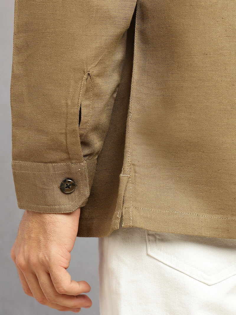 Thomas Scott Men Khaki Cricket Club Collection Oversized Fit Long Sleeves Camp Collar Cotton Linen Twill Shacket with 2 Flap Pockets
