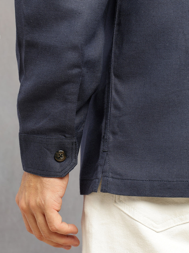 Thomas Scott Men Navy Cricket Club Collection Oversized Fit Long Sleeves Camp Collar Cotton Linen Twill Shacket with 2 Flap Pockets