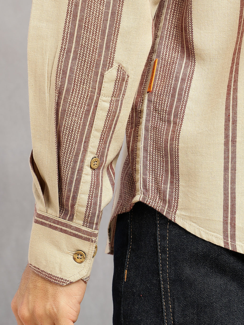 Thomas Scott Men Beige Cricket Club Collection Men Striped Cotton Linen Shirt-Slim Fit, Long Sleeve, Spread Collar Casual Wear
