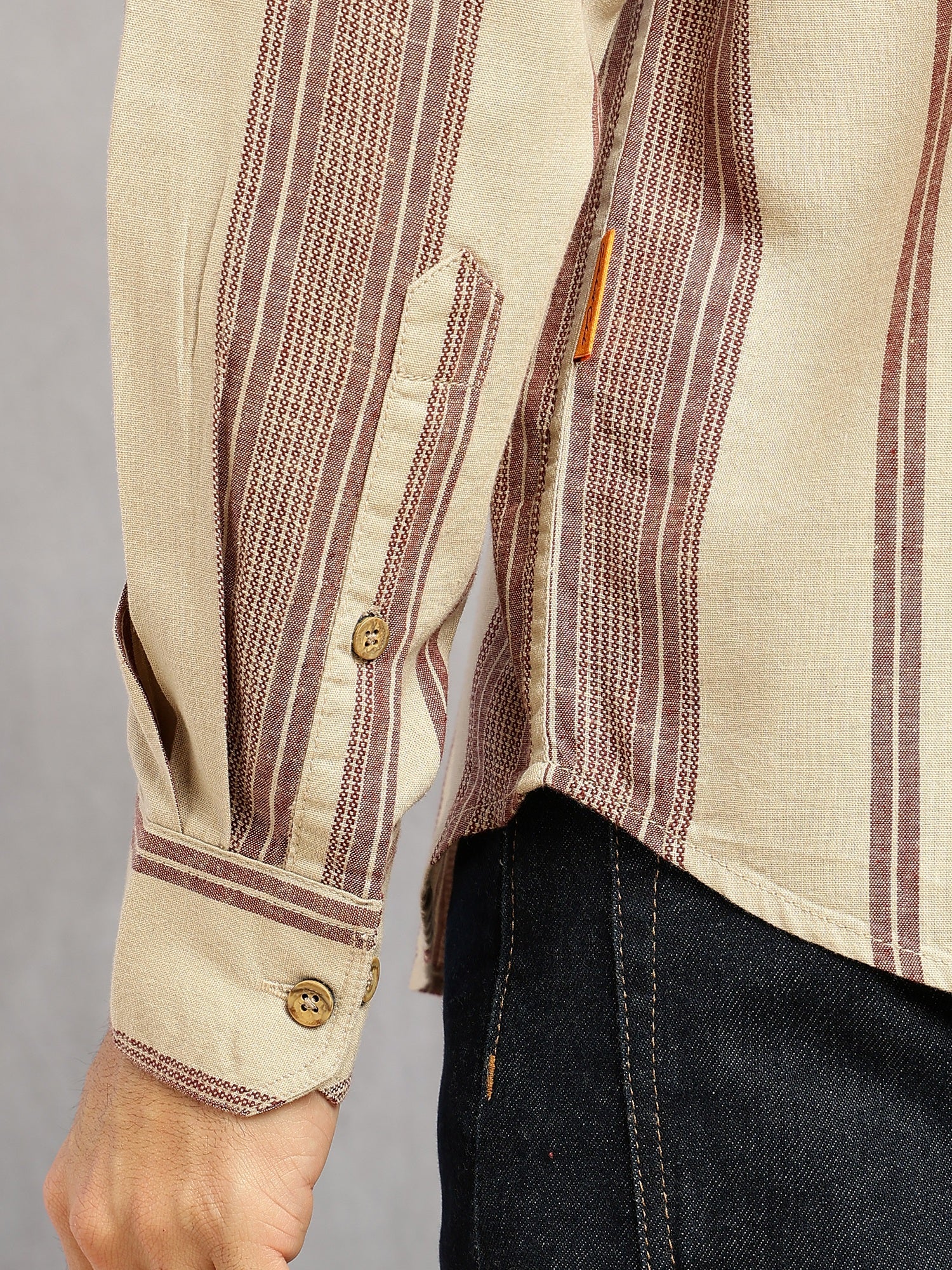 Thomas Scott Men Beige Cricket Club Collection Men Striped Cotton Linen Shirt-Slim Fit, Long Sleeve, Spread Collar Casual Wear