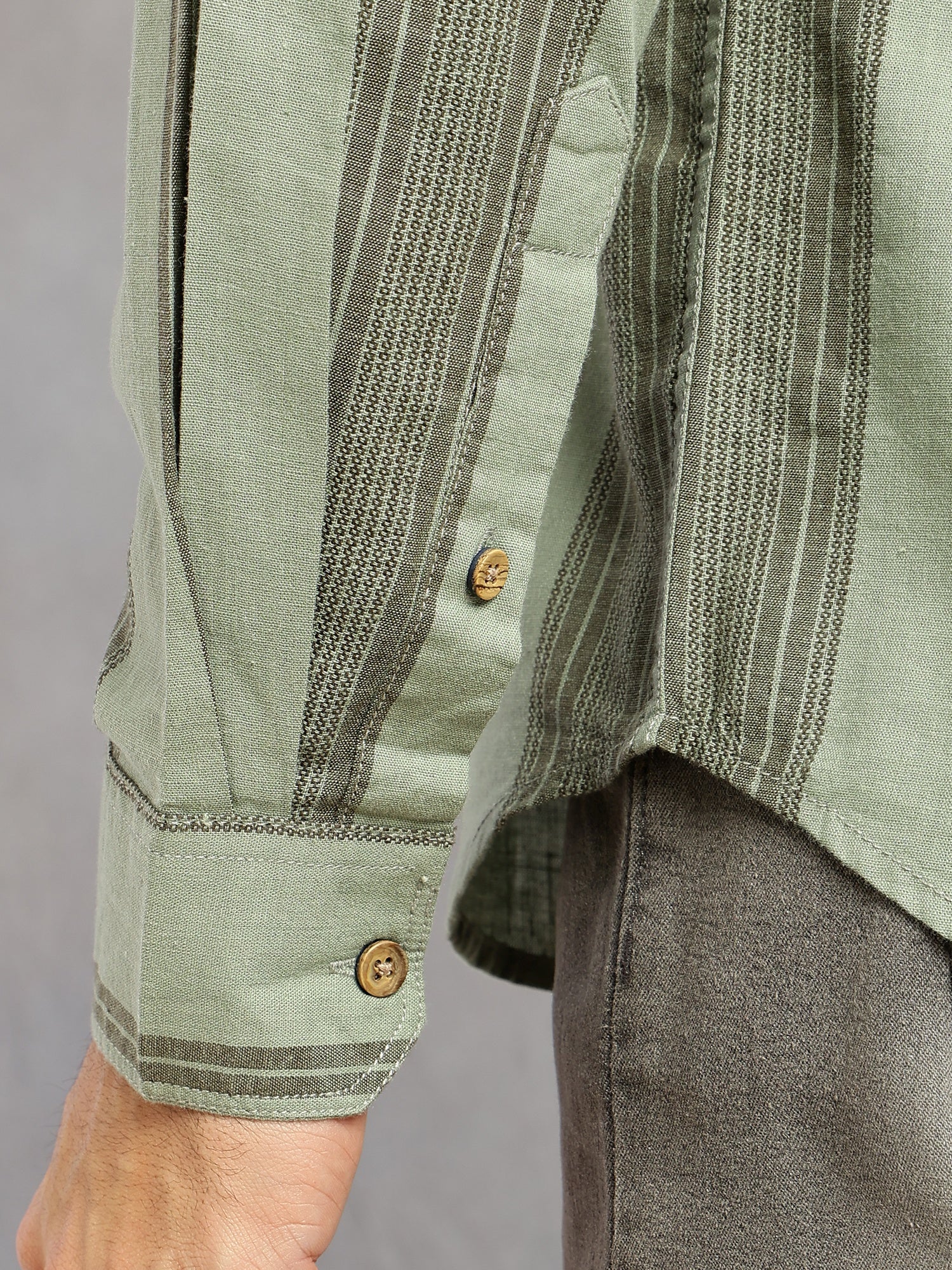 Thomas Scott Men Green Cricket Club Collection Men Striped Cotton Linen Shirt-Slim Fit, Long Sleeve, Spread Collar Casual Wear