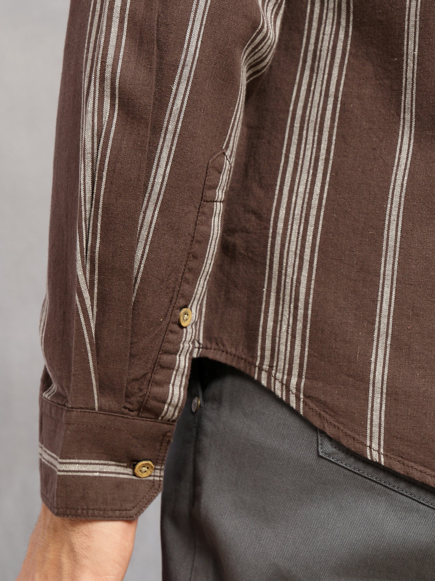 Thomas Scott Men Brown Cricket Club Collection Slim Fit Cotton Linen Classic Striped Casual Wear Shirt for Men