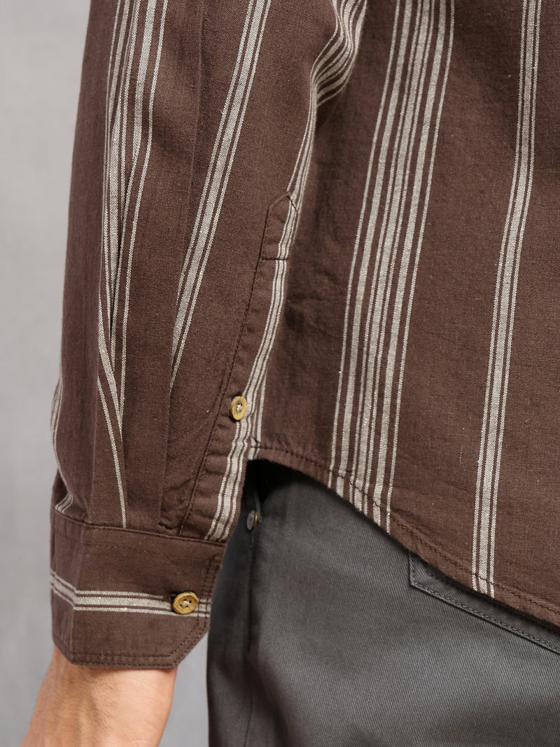 Thomas Scott Men Brown Cricket Club Collection Slim Fit Cotton Linen Classic Striped Casual Wear Shirt for Men