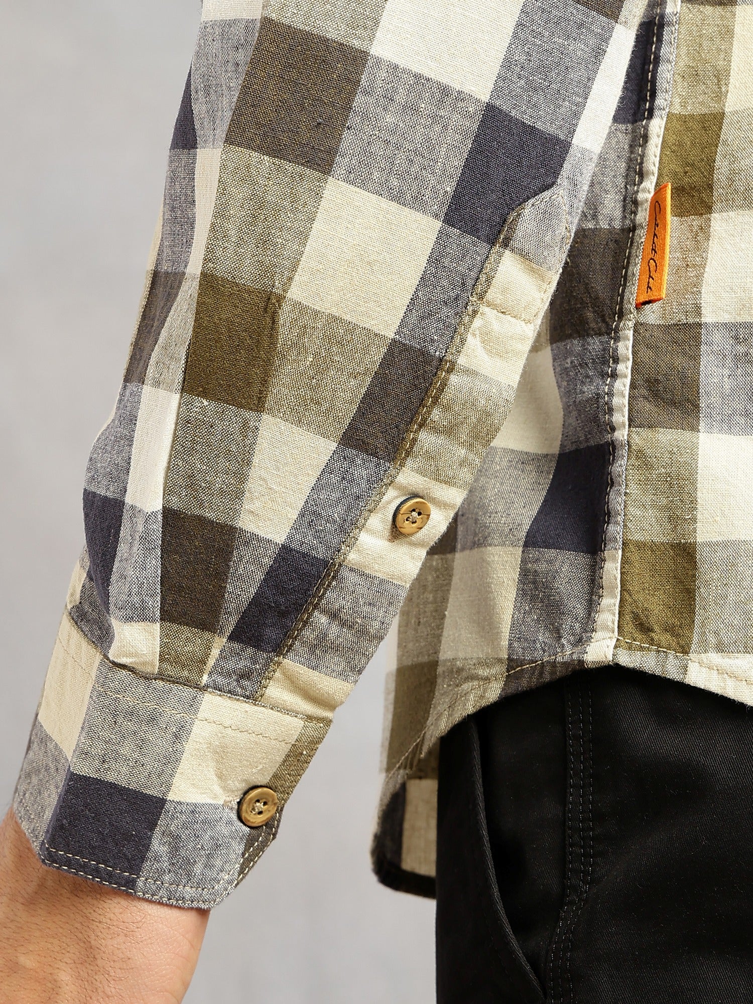 Thomas Scott Men Beige Cricket Club Collection Slim Fit Long Sleeves Shepherd Check Spread Collar Cotton Linen Casual Shirt