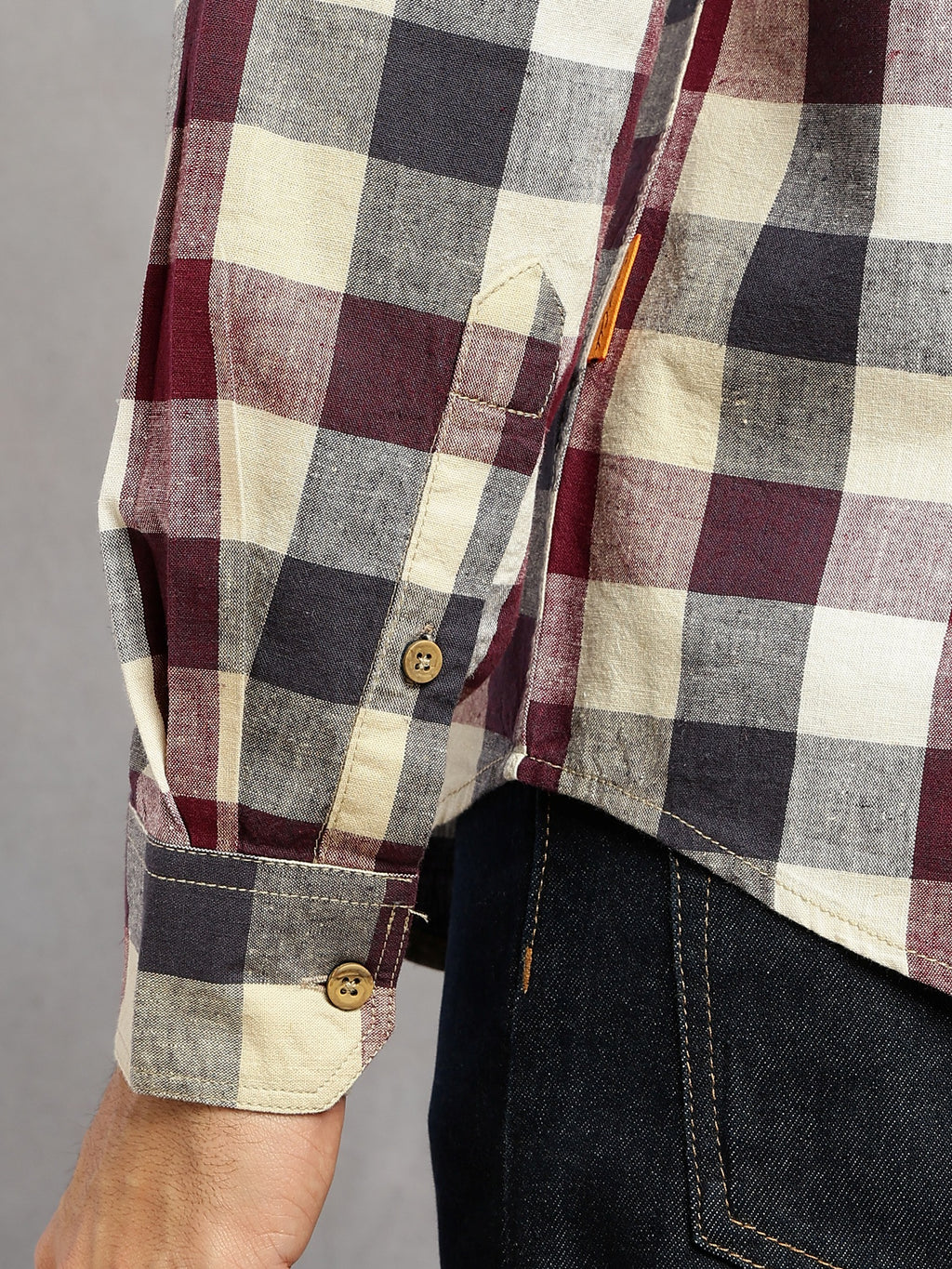 Thomas Scott Men Wine Cricket Club Collection Slim Fit Long Sleeves Shepherd Check Spread Collar Cotton Linen Casual Shirt