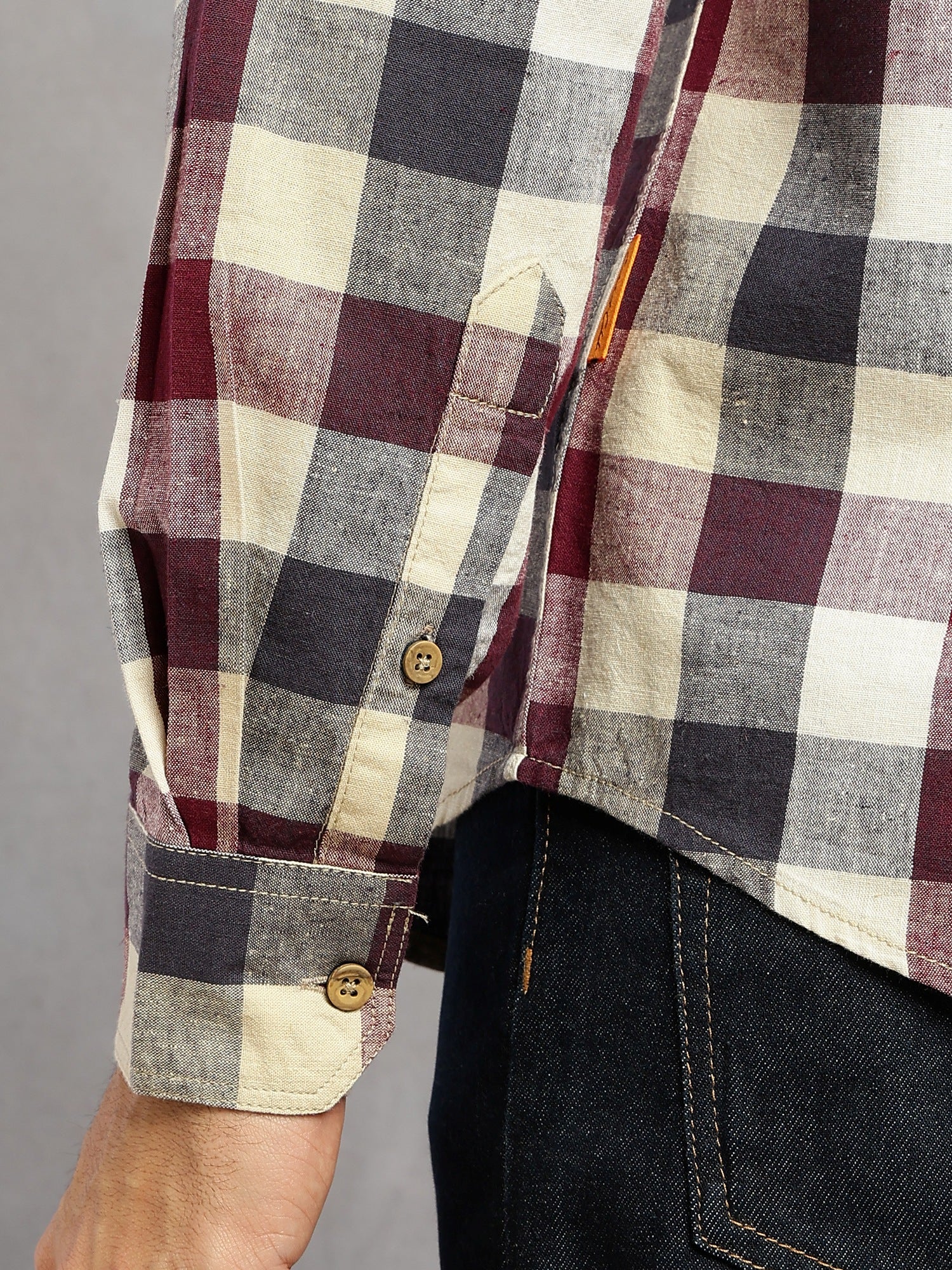 Thomas Scott Men Wine Cricket Club Collection Slim Fit Long Sleeves Shepherd Check Spread Collar Cotton Linen Casual Shirt